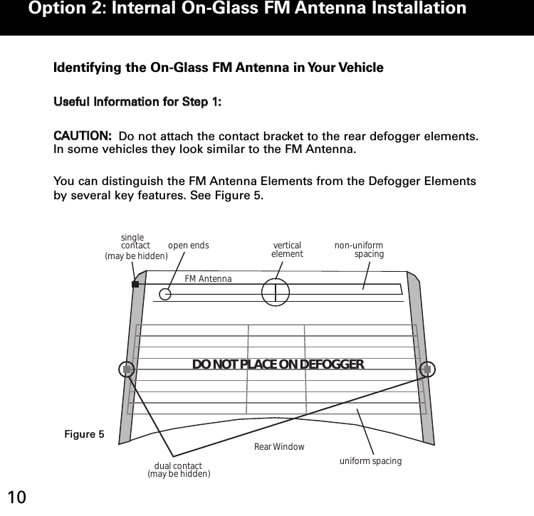 single contactdual contactopen ends verticalelement non-uniformspacinguniform spacingFM AntennaRear Window(may be hidden)(may be hidden)DO NOT PLACE ON DEFOGGERIdentifying the OnGlass FM Antenna in Your VehicleUUsseeffuull IInnffoorrmmaattiioonn ffoorr SStteepp 11:: CCAAUUTTIIOONN:: Do not attach the contact bracket to the rear defogger elements.In some vehicles they look similar to the FM Antenna.  You can distinguish the FM Antenna Elements from the Defogger Elementsby several key features. See Figure 5.Option 2: Internal OnGlass FM Antenna Installation10Option 2 (continued)Figure 5