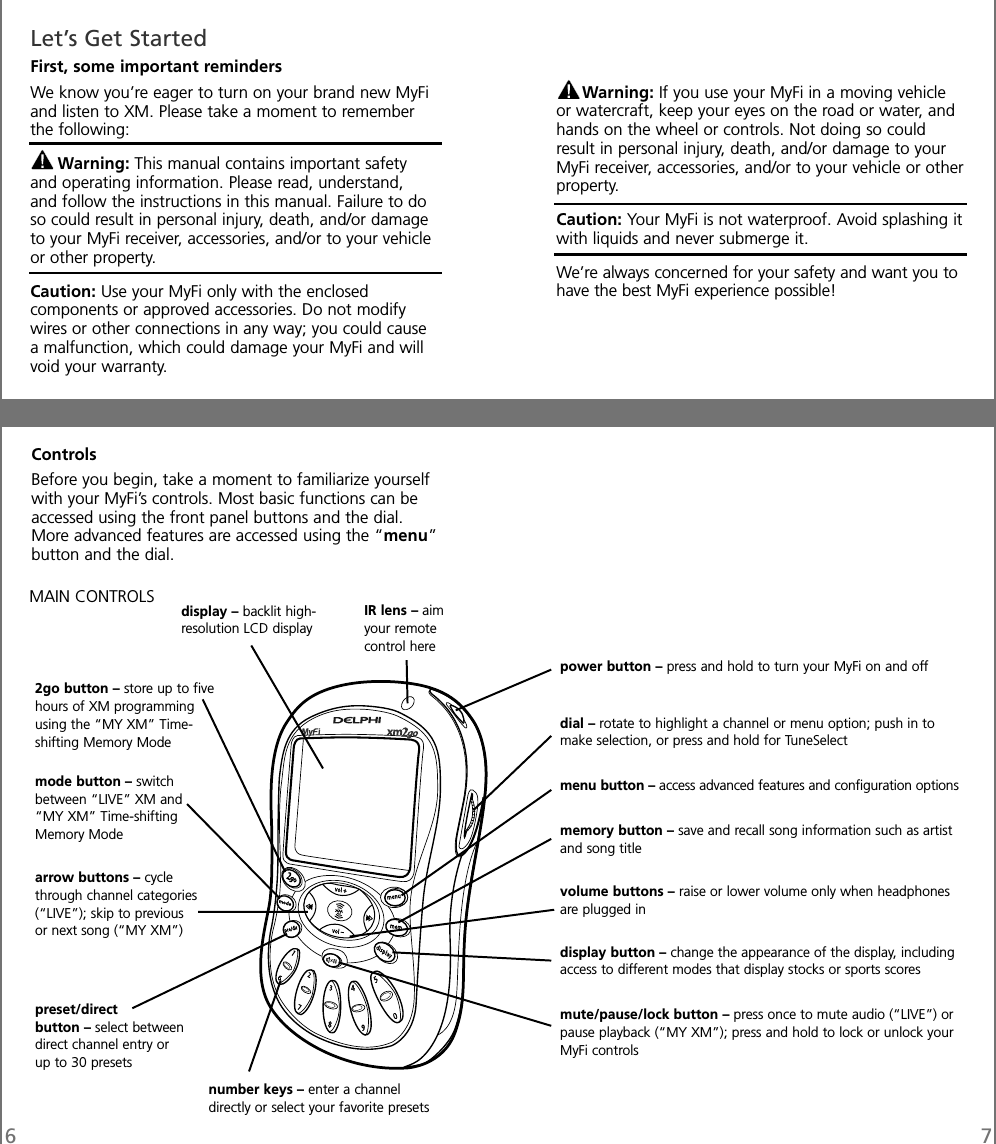 67Let’s Get StartedFirst, some important remindersWe know you’re eager to turn on your brand new MyFiand listen to XM. Please take a moment to rememberthe following:Warning: This manual contains important safetyand operating information. Please read, understand,and follow the instructions in this manual. Failure to doso could result in personal injury, death, and/or damageto your MyFi receiver, accessories, and/or to your vehicleor other property.Caution: Use your MyFi only with the enclosedcomponents or approved accessories. Do not modifywires or other connections in any way; you could causea malfunction, which could damage your MyFi and willvoid your warranty.Warning: If you use your MyFi in a moving vehicleor watercraft, keep your eyes on the road or water, andhands on the wheel or controls. Not doing so couldresult in personal injury, death, and/or damage to yourMyFi receiver, accessories, and/or to your vehicle or otherproperty.Caution: Your MyFi is not waterproof. Avoid splashing itwith liquids and never submerge it.We’re always concerned for your safety and want you tohave the best MyFi experience possible!ControlsBefore you begin, take a moment to familiarize yourselfwith your MyFi’s controls. Most basic functions can beaccessed using the front panel buttons and the dial.More advanced features are accessed using the “menu”button and the dial.MAIN CONTROLS IR lens – aimyour remotecontrol heredisplay – backlit high-resolution LCD displaymode button – switchbetween “LIVE” XM and“MY XM” Time-shiftingMemory Mode2go button – store up to fivehours of XM programmingusing the “MY XM” Time-shifting Memory Modepreset/directbutton – select betweendirect channel entry orup to 30 presetsnumber keys – enter a channeldirectly or select your favorite presetsarrow buttons – cyclethrough channel categories(“LIVE”); skip to previousor next song (“MY XM”)power button – press and hold to turn your MyFi on and offdial – rotate to highlight a channel or menu option; push in tomake selection, or press and hold for TuneSelectmenu button – access advanced features and configuration optionsdisplay button – change the appearance of the display, includingaccess to different modes that display stocks or sports scoresvolume buttons – raise or lower volume only when headphonesare plugged inmute/pause/lock button – press once to mute audio (“LIVE”) orpause playback (“MY XM”); press and hold to lock or unlock yourMyFi controlsmemory button – save and recall song information such as artistand song title