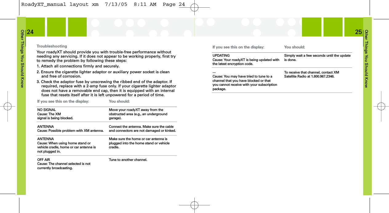 Other Things You Should Know25Other Things You Should Know24If you see this on the display:UPDATINGCause: Your roadyXT is being updated withthe latest encryption code.---Cause: You may have tried to tune to achannel that you have blocked or that you cannot receive with your subscriptionpackage.You should:Simply wait a few seconds until the updateis done.To receive that channel, contact XMSatellite Radio at 1.800.967.2346.TroubleshootingYour roadyXT should provide you with trouble-free performance withoutneeding any servicing. If it does not appear to be working properly, first tryto remedy the problem by following these steps:1. Attach all connections firmly and securely.2. Ensure the cigarette lighter adaptor or auxiliary power socket is cleanand free of corrosion.3. Check the adaptor fuse by unscrewing the ribbed end of the adaptor. Ifrequired, replace with a 2-amp fuse only. If your cigarette lighter adaptordoes not have a removable end cap, then it is equipped with an internalfuse that resets itself after it is left unpowered for a period of time.If you see this on the display:NO SIGNAL Cause: The XM signal is being blocked.ANTENNACause: Possible problem with XM antenna.ANTENNACause: When using home stand or vehicle cradle, home or car antenna is not plugged in.OFF AIRCause: The channel selected is not currently broadcasting.You should:Move your roadyXT away from theobstructed area (e.g., an undergroundgarage). Connect the antenna. Make sure the cableand connectors are not damaged or kinked.Make sure the home or car antenna isplugged into the home stand or vehicle cradle.Tune to another channel.RoadyXT_manual layout xm  7/13/05  8:11 AM  Page 24