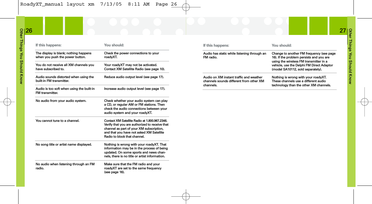 Other Things You Should Know27Other Things You Should Know26If this happens:Audio has static while listening through anFM radio.Audio on XM instant traffic and weatherchannels sounds different from other XMchannels.You should:Change to another FM frequency (see page16). If the problem persists and you areusing the wireless FM transmitter in a vehicle, use the Delphi FM Direct Adaptor(model SA10112, sold separately).Nothing is wrong with your roadyXT.These channels use a different audio technology than the other XM channels.If this happens:The display is blank; nothing happenswhen you push the power button.You do not receive all XM channels youhave subscribed to.Audio sounds distorted when using thebuilt-in FM transmitter.Audio is too soft when using the built-inFM transmitter.No audio from your audio system.You cannot tune to a channel.No song title or artist name displayed.No audio when listening through an FMradio.You should:Check the power connections to yourroadyXT.Your roadyXT may not be activated.Contact XM Satellite Radio (see page 10).Reduce audio output level (see page 17).Increase audio output level (see page 17).Check whether your audio system can playa CD, or regular AM or FM stations. Thencheck the audio connections between youraudio system and your roadyXT.Contact XM Satellite Radio at 1.800.967.2346.Verify that you are authorized to receive thatchannel as part of your XM subscription,and that you have not asked XM SatelliteRadio to block that channel. Nothing is wrong with your roadyXT. Thatinformation may be in the process of beingupdated. On some sports and news chan-nels, there is no title or artist information.Make sure that the FM radio and yourroadyXT are set to the same frequency (see page 16).RoadyXT_manual layout xm  7/13/05  8:11 AM  Page 26