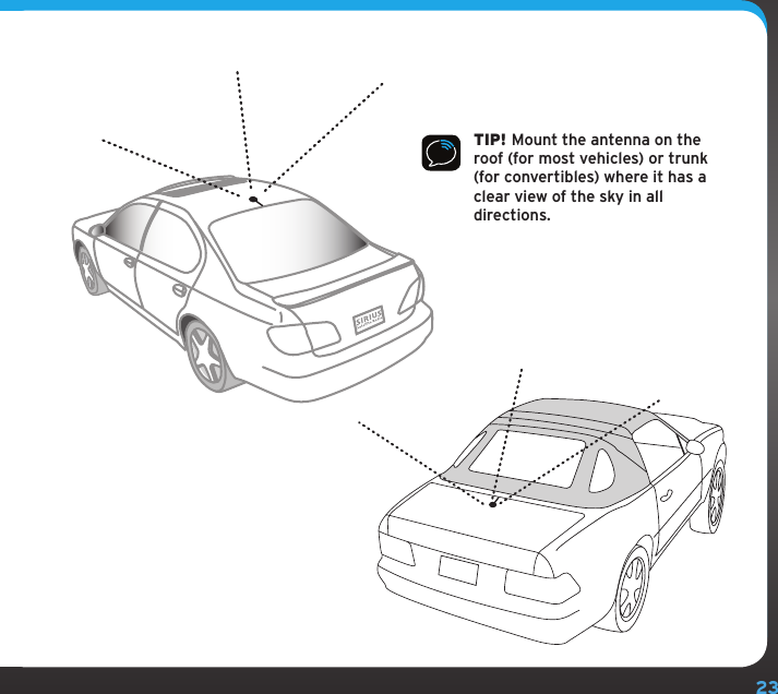 23TIP! Mount the antenna on the roof (for most vehicles) or trunk (for convertibles) where it has a clear view of the sky in all directions.