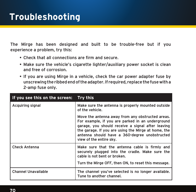 Gradient consists of 3 colors:Light Blue: C100 M56 Y0 K0Dark Blue: C100 M38 Y0 K64Rich Black: C50 M40 Y40 K10070Gradient consists of 3 colors:Light Blue: C100 M56 Y0 K0Dark Blue: C100 M38 Y0 K64Rich Black: C50 M40 Y40 K100Gradient consists of 3 colors:Light Blue: C100 M56 Y0 K0Dark Blue: C100 M38 Y0 K64Rich Black: C50 M40 Y40 K100The  Mirge  has  been  designed  and  built  to  be  trouble-free  but  if  you  experienceaproblem,trythis: • Checkthatallconnectionsarefirmandsecure. • Makesurethevehicle’scigarettelighter/auxiliarypowersocketiscleanand free of corrosion.  • IfyouareusingMirgeinavehicle,checkthecarpoweradapterfuseby unscrewingtheribbedendoftheadapter.Ifrequired,replacethefusewitha 2-amp fuse only. If you see this on the screen: Try thisAcquiring signal Make sure the antenna is properly mounted outside of the vehicle. Move the antenna away from any obstructed areas.  For example, if you are parked in an undergroundgarage, you should receive a signal after leavingthegarage.IfyouareusingtheMirgeathome,theantenna  should  have  a  360-degree  unobstructed view of the entire sky. Check Antenna Make  sure  that  the  antenna  cable  is  firmly  and securely  plugged  into  the  cradle.  Make  sure  the cable is not bent or broken. Turn the Mirge OFF,thenON,toresetthismessage.Channel Unavailable The channel  you’ve  selected  is no  longer  available. Tune to another channel.Troubleshooting