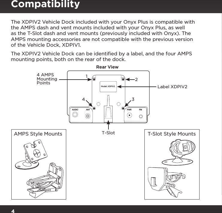 4CompatibilityThe XDPIV2 Vehicle Dock included with your Onyx Plus is compatible with the AMPS dash and vent mounts included with your Onyx Plus, as well as the T-Slot dash and vent mounts (previously included with Onyx). The AMPS mounting accessories are not compatible with the previous version of the Vehicle Dock, XDPIV1.The XDPIV2 Vehicle Dock can be identiﬁed by a label, and the four AMPS mounting points, both on the rear of the dock.Rear ViewAUDIOANT PWRFM4 AMPS Mounting Points43Label XDPIV2T-SlotModel: XDPIV221T-Slot Style MountsAMPS Style Mounts