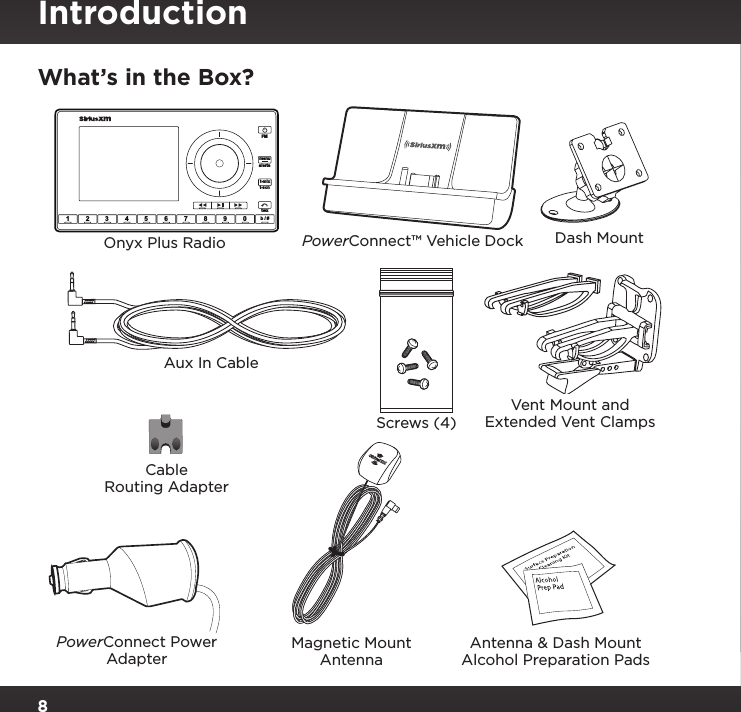 8What’s in the Box?234567890b / #alertstwxFMmenut-mixt-scn   1Onyx Plus RadioMagnetic Mount AntennaAntenna &amp; Dash Mount Alcohol Preparation PadsPowerConnect Power AdapterAux In CableCable Routing AdapterIntroductionPowerConnect™ Vehicle Dock Dash MountScrews (4)Vent Mount and Extended Vent Clamps