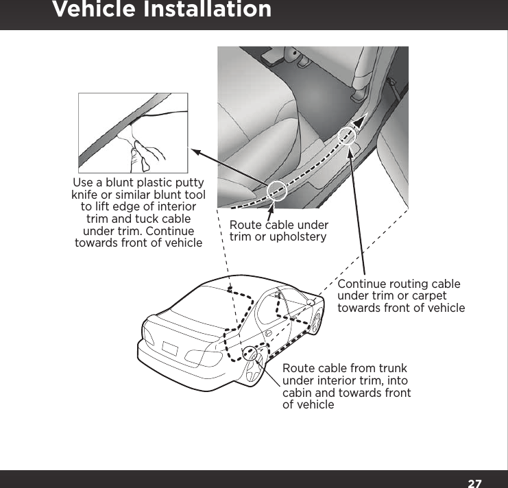 27Use a blunt plastic puttyknife or similar blunt toolto lift edge of interiortrim and tuck cableunder trim. Continuetowards front of vehicleRoute cable from trunkunder interior trim, intocabin and towards frontof vehicleRoute cable undertrim or upholsteryContinue routing cableunder trim or carpettowards front of vehicleVehicle Installation