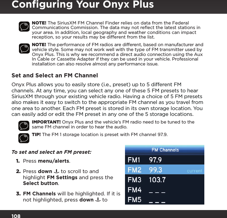 Page 108 of Sirius XM Radio SXPL2 Onyx PLUS G7.5 User Manual Onyx Plus G75 with Vehicle Kit User Guide indd