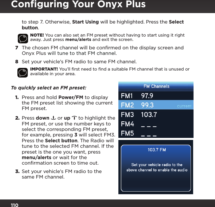 Page 110 of Sirius XM Radio SXPL2 Onyx PLUS G7.5 User Manual Onyx Plus G75 with Vehicle Kit User Guide indd