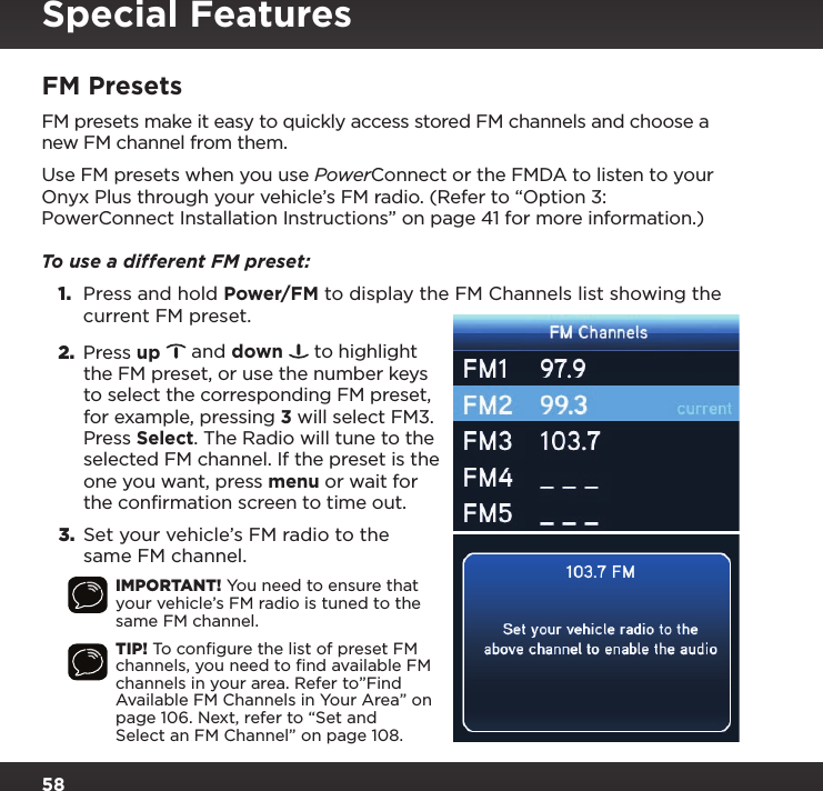 Page 58 of Sirius XM Radio SXPL2 Onyx PLUS G7.5 User Manual Onyx Plus G75 with Vehicle Kit User Guide indd