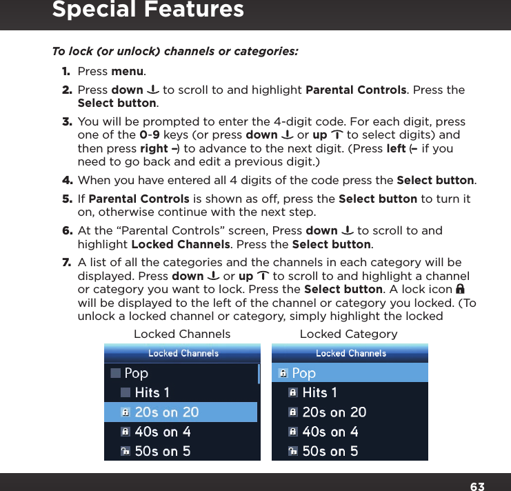 Page 63 of Sirius XM Radio SXPL2 Onyx PLUS G7.5 User Manual Onyx Plus G75 with Vehicle Kit User Guide indd