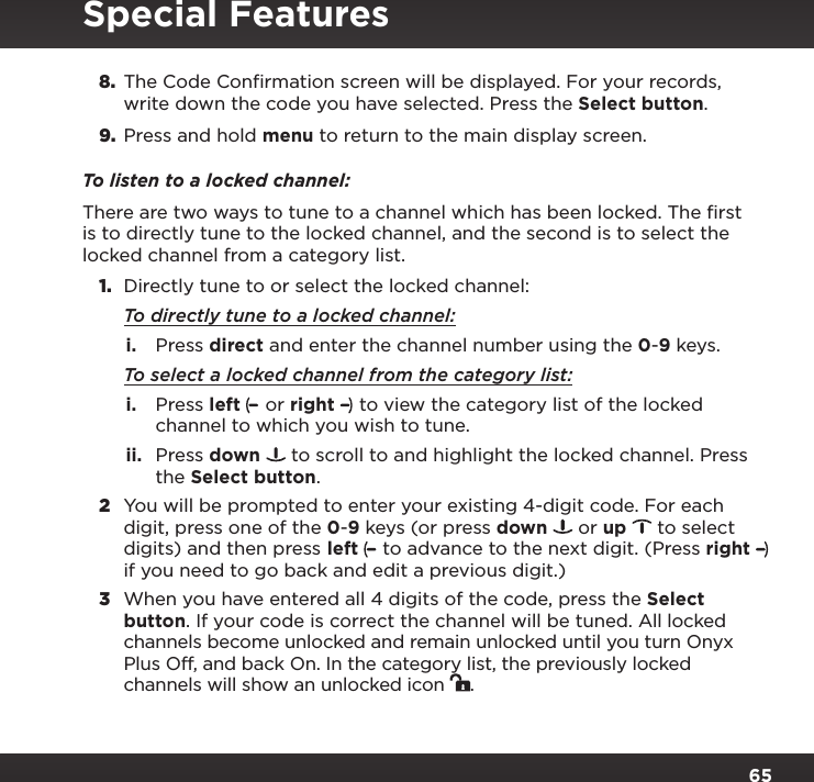 Page 65 of Sirius XM Radio SXPL2 Onyx PLUS G7.5 User Manual Onyx Plus G75 with Vehicle Kit User Guide indd