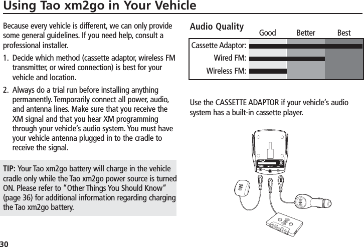 30Using Tao xm2go in Your VehicleBecause every vehicle is different, we can only providesome general guidelines. If you need help, consult aprofessional installer.1. Decide which method (cassette adaptor, wireless FMtransmitter, or wired connection) is best for yourvehicle and location.2. Always do a trial run before installing anythingpermanently. Temporarily connect all power, audio,and antenna lines. Make sure that you receive theXM signal and that you hear XM programmingthrough your vehicle’s audio system. You must haveyour vehicle antenna plugged in to the cradle toreceive the signal.TIP: Your Tao xm2go battery will charge in the vehiclecradle only while the Tao xm2go power source is turnedON. Please refer to “Other Things You Should Know”(page 36) for additional information regarding chargingthe Tao xm2go battery.Audio QualityUse the CASSETTE ADAPTOR if your vehicle’s audiosystem has a built-in cassette player.Good Better BestCassette Adaptor:Wired FM:Wireless FM: