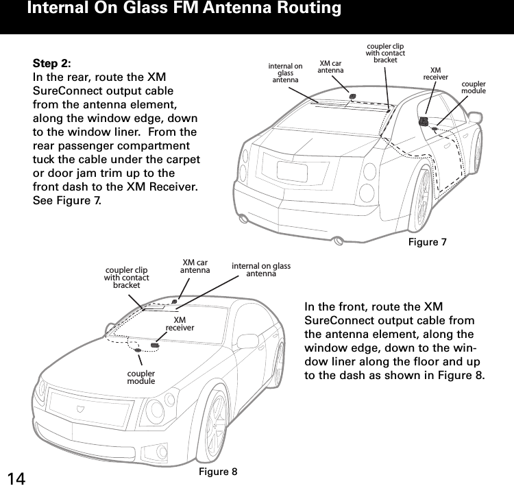 Internal On Glass FM Antenna Routingcoupler clipwith contact bracketinternal on glass antennaXM car antenna XM receivercoupler moduleStep 2:In the rear, route the XMSureConnect output cablefrom the antenna element,along the window edge, downto the window liner.  From therear passenger compartmenttuck the cable under the carpetor door jam trim up to thefront dash to the XM Receiver.See Figure 7.XM car antennaXM receivercoupler clipwith contact bracketinternal on glass antennacoupler moduleIn the front, route the XMSureConnect output cable fromthe antenna element, along thewindow edge, down to the win-dow liner along the floor and upto the dash as shown in Figure 8.Figure 7Figure 814