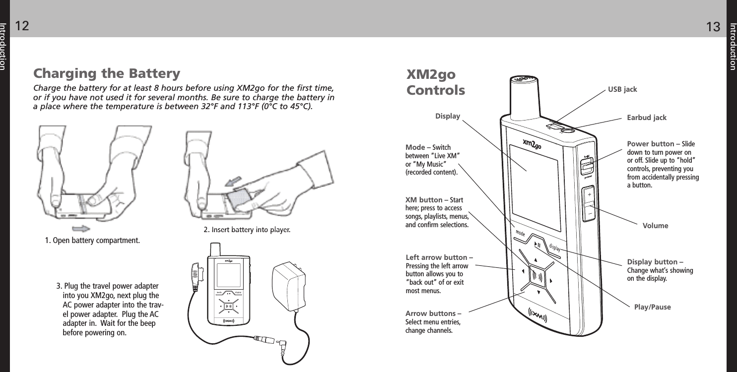 3. Plug the travel power adapterinto you XM2go, next plug theAC power adapter into the trav-el power adapter. Plug the ACadapter in. Wait for the beepbefore powering on.Introduction1312IntroductionCharging the BatteryCharge the battery for at least 8 hours before using XM2go for the first time,or if you have not used it for several months. Be sure to charge the battery ina place where the temperature is between 32°F and 113°F (0°C to 45°C).1. Open battery compartment.2. Insert battery into player.Power button – Slidedown to turn power onor off. Slide up to “hold”controls, preventing youfrom accidentally pressinga button.Display button –Change what’s showingon the display.XM button – Starthere; press to accesssongs, playlists, menus,and confirm selections.Mode – Switchbetween “Live XM”or “My Music”(recorded content).Arrow buttons –Select menu entries,change channels.VolumeEarbud jackUSB jackPlay/PauseLeft arrow button –Pressing the left arrowbutton allows you to“back out” of or exitmost menus.XM2goControlsDisplay