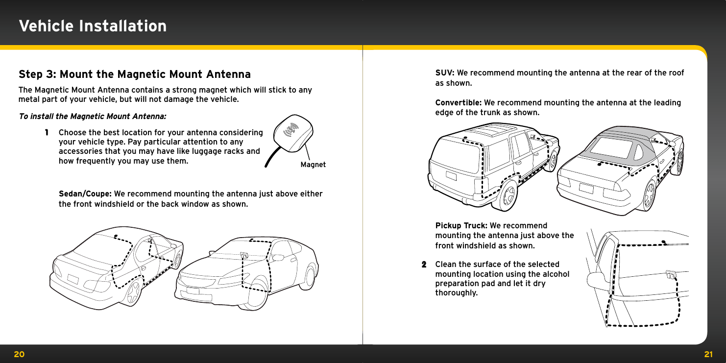 20 21Step 3: Mount the Magnetic Mount AntennaThe Magnetic Mount Antenna contains a strong magnet which will stick to any metal part of your vehicle, but will not damage the vehicle. To install the Magnetic Mount Antenna:1  Choose the best location for your antenna considering your vehicle type. Pay particular attention to any accessories that you may have like luggage racks and how frequently you may use them.   Sedan/Coupe: We recommend mounting the antenna just above either the front windshield or the back window as shown.Vehicle Installation   SUV: We recommend mounting the antenna at the rear of the roof as shown.   Convertible: We recommend mounting the antenna at the leading edge of the trunk as shown.    Pickup Truck: We recommendmounting the antenna just above the front windshield as shown.2  Clean the surface of the selected mounting location using the alcohol preparation pad and let it dry thoroughly.Magnet