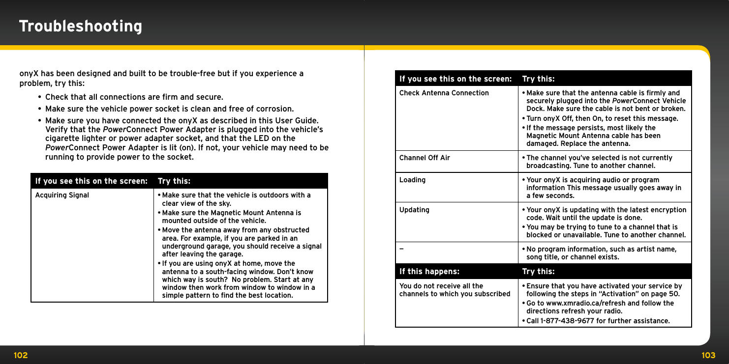 102 103onyX has been designed and built to be trouble-free but if you experience a problem, try this:• Check that all connections are ﬁrm and secure. • Make sure the vehicle power socket is clean and free of corrosion. • Make sure you have connected the onyX as described in this User Guide. Verify that the PowerConnect Power Adapter is plugged into the vehicle’s cigarette lighter or power adapter socket, and that the LED on the PowerConnect Power Adapter is lit (on). If not, your vehicle may need to be running to provide power to the socket.If you see this on the screen: Try this:Acquiring Signal •Make sure that the vehicle is outdoors with a clear view of the sky.•Make sure the Magnetic Mount Antenna is mounted outside of the vehicle.•Move the antenna away from any obstructed area. For example, if you are parked in an underground garage, you should receive a signal after leaving the garage.•If you are using onyX at home, move the antenna to a south-facing window. Don’t know which way is south?  No problem. Start at any window then work from window to window in a simple pattern to ﬁnd the best location.TroubleshootingIf you see this on the screen: Try this:Check Antenna Connection •Make sure that the antenna cable is ﬁrmly and securely plugged into the PowerConnect Vehicle Dock. Make sure the cable is not bent or broken.•Turn onyX Off, then On, to reset this message. •If the message persists, most likely the Magnetic Mount Antenna cable has been damaged. Replace the antenna.Channel Off Air •The channel you’ve selected is not currently  broadcasting. Tune to another channel. Loading  •Your onyX is acquiring audio or program information This message usually goes away in a few seconds. Updating •Your onyX is updating with the latest encryption code. Wait until the update is done. •You may be trying to tune to a channel that is blocked or unavailable. Tune to another channel.—•No program information, such as artist name, song title, or channel exists.If this happens: Try this:You do not receive all the  channels to which you subscribed•Ensure that you have activated your service by following the steps in “Activation” on page 50. •Go to www.xmradio.ca/refresh and follow the directions refresh your radio.•Call 1-877-438-9677 for further assistance.