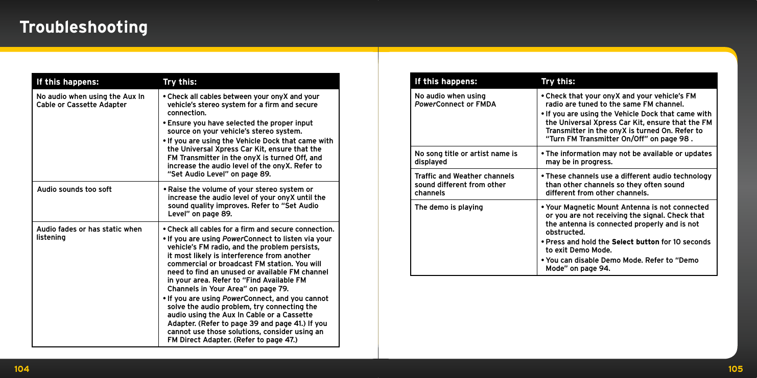 104 105If this happens: Try this:No audio when using the Aux In Cable or Cassette Adapter•Check all cables between your onyX and your vehicle’s stereo system for a ﬁrm and secure connection.•Ensure you have selected the proper input source on your vehicle’s stereo system.•If you are using the Vehicle Dock that came with the Universal Xpress Car Kit, ensure that the FM Transmitter in the onyX is turned Off, and increase the audio level of the onyX. Refer to “Set Audio Level” on page 89.Audio sounds too soft •Raise the volume of your stereo system or increase the audio level of your onyX until the sound quality improves. Refer to “Set Audio Level” on page 89.Audio fades or has static when listening•Check all cables for a ﬁrm and secure connection.•If you are using PowerConnect to listen via your vehicle’s FM radio, and the problem persists, it most likely is interference from another commercial or broadcast FM station. You will need to ﬁnd an unused or available FM channel in your area. Refer to “Find Available FM Channels in Your Area” on page 79. •If you are using PowerConnect, and you cannot solve the audio problem, try connecting the audio using the Aux In Cable or a Cassette Adapter. (Refer to page 39 and page 41.) If you cannot use those solutions, consider using an FM Direct Adapter. (Refer to page 47.)TroubleshootingIf this happens: Try this:No audio when using PowerConnect or FMDA•Check that your onyX and your vehicle’s FM radio are tuned to the same FM channel.•If you are using the Vehicle Dock that came with the Universal Xpress Car Kit, ensure that the FM Transmitter in the onyX is turned On. Refer to “Turn FM Transmitter On/Off” on page 98 . No song title or artist name is displayed•The information may not be available or updates may be in progress. Trafﬁc and Weather channels sound different from other channels•These channels use a different audio technology than other channels so they often sound different from other channels. The demo is playing •Your Magnetic Mount Antenna is not connected or you are not receiving the signal. Check that the antenna is connected properly and is not obstructed.•Press and hold the Select button for 10 seconds to exit Demo Mode.•You can disable Demo Mode. Refer to “Demo Mode” on page 94.