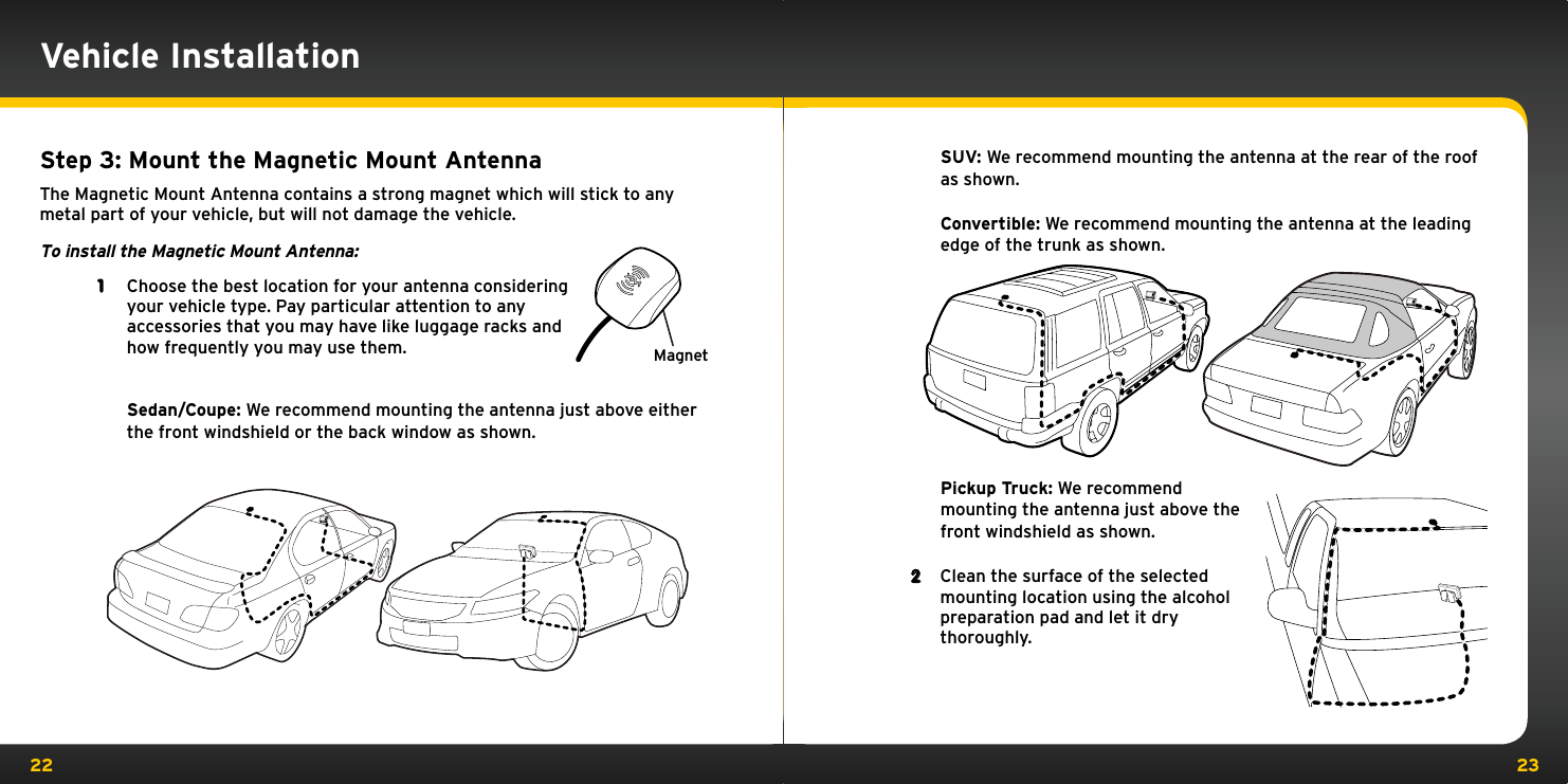 22 23SUV: We recommend mounting the antenna at the rear of the roof as shown.  Convertible: We recommend mounting the antenna at the leading edge of the trunk as shown.            Pickup Truck: We recommendmounting the antenna just above the front windshield as shown.2  Clean the surface of the selected mounting location using the alcohol preparation pad and let it dry thoroughly.Step 3: Mount the Magnetic Mount AntennaThe Magnetic Mount Antenna contains a strong magnet which will stick to any metal part of your vehicle, but will not damage the vehicle. To install the Magnetic Mount Antenna:1  Choose the best location for your antenna considering your vehicle type. Pay particular attention to any accessories that you may have like luggage racks and how frequently you may use them.   Sedan/Coupe: We recommend mounting the antenna just above either the front windshield or the back window as shown.   Vehicle InstallationMagnet