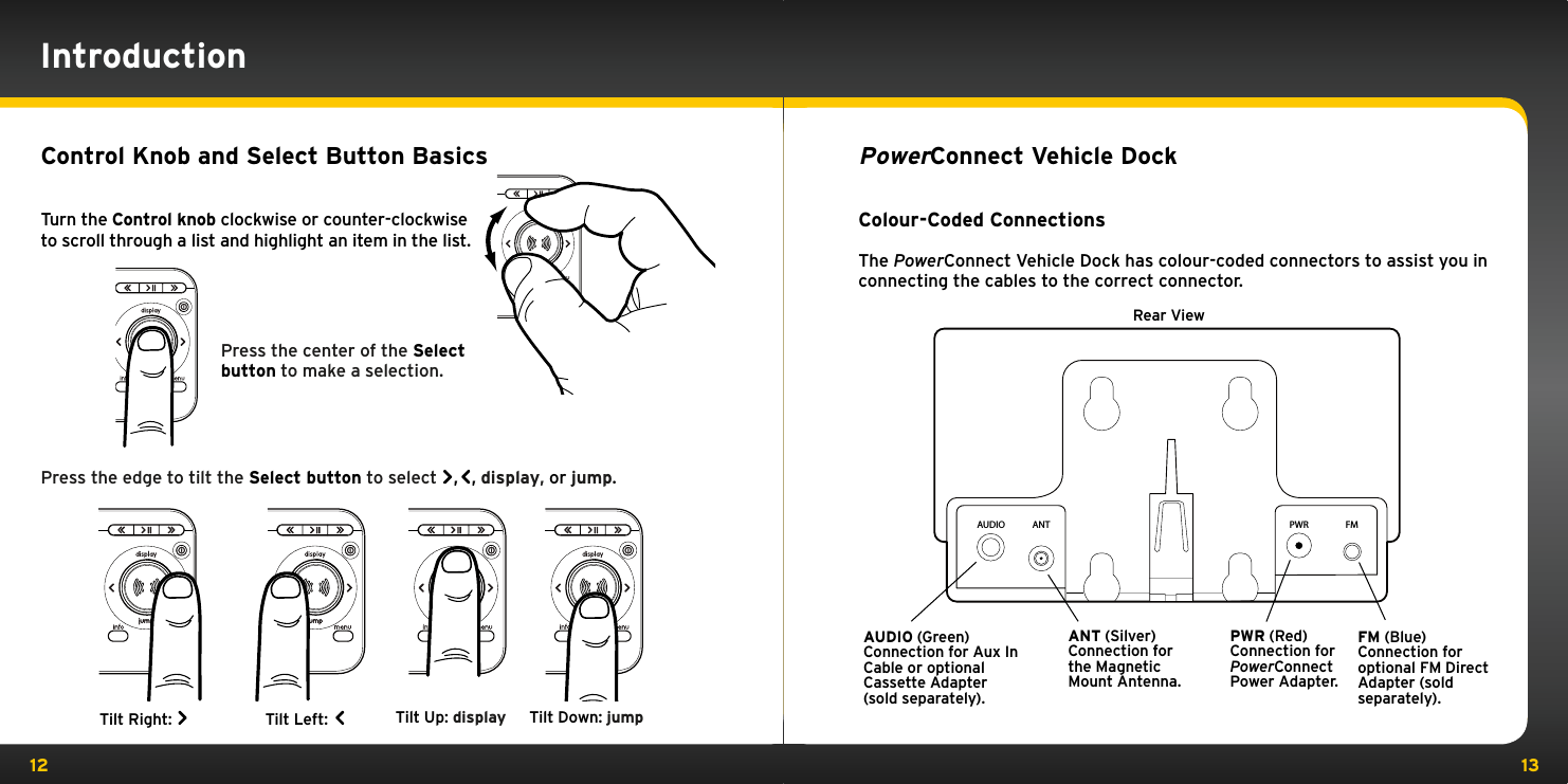 12 13PowerConnect Vehicle DockColour-Coded ConnectionsThe PowerConnect Vehicle Dock has colour-coded connectors to assist you in connecting the cables to the correct connector.ANT (Silver)Connection for the Magnetic Mount Antenna.AUDIO (Green)Connection for Aux In Cable or optional Cassette Adapter (sold separately). Rear ViewPWR (Red)Connection for PowerConnectPower Adapter. FM (Blue)Connection for optional FM Direct Adapter (sold separately).AUDIO ANT PWR FMIntroductionControl Knob and Select Button BasicsTurn the Control knob clockwise or counter-clockwiseto scroll through a list and highlight an item in the list. Press the center of the Select button to make a selection.Press the edge to tilt the Select button to select  , , display, or jump. Tilt Right: Tilt Left:  Tilt Up: display Tilt Down: jump