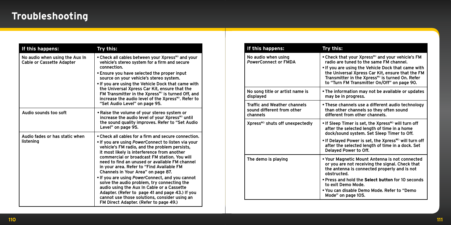 110 111If this happens: Try this:No audio when using PowerConnect or FMDA•Check that your XpressRCi and your vehicle’s FM radio are tuned to the same FM channel.•If you are using the Vehicle Dock that came with the Universal Xpress Car Kit, ensure that the FM Transmitter in the XpressRCi is turned On. Refer to “Turn FM Transmitter On/Off” on page 90. No song title or artist name is displayed•The information may not be available or updates may be in progress. Trafﬁc and Weather channels sound different from other channels•These channels use a different audio technology than other channels so they often sound different from other channels. XpressRCi shuts off unexpectedly •If Sleep Timer is set, the XpressRCi will turn off after the selected length of time in a home dock/sound system. Set Sleep Timer to Off.•If Delayed Power is set, the XpressRCi will turn off after the selected length of time in a dock. Set Delayed Power to Off. The demo is playing •Your Magnetic Mount Antenna is not connected or you are not receiving the signal. Check that the antenna is connected properly and is not obstructed.•Press and hold the Select button for 10 seconds to exit Demo Mode.•You can disable Demo Mode. Refer to “Demo Mode” on page 105.If this happens: Try this:No audio when using the Aux In Cable or Cassette Adapter•Check all cables between your XpressRCi and your vehicle’s stereo system for a ﬁrm and secure connection.•Ensure you have selected the proper input source on your vehicle’s stereo system.•If you are using the Vehicle Dock that came with the Universal Xpress Car Kit, ensure that the FM Transmitter in the XpressRCi is turned Off, and increase the audio level of the XpressRCi. Refer to “Set Audio Level” on page 95.Audio sounds too soft •Raise the volume of your stereo system or increase the audio level of your XpressRCi until the sound quality improves. Refer to “Set Audio Level” on page 95.Audio fades or has static when listening•Check all cables for a ﬁrm and secure connection.•If you are using PowerConnect to listen via your vehicle’s FM radio, and the problem persists, it most likely is interference from another commercial or broadcast FM station. You will need to ﬁnd an unused or available FM channel in your area. Refer to “Find Available FM Channels in Your Area” on page 87. •If you are using PowerConnect, and you cannot solve the audio problem, try connecting the audio using the Aux In Cable or a Cassette Adapter. (Refer to  page 41 and page 43.) If you cannot use those solutions, consider using an FM Direct Adapter. (Refer to page 49.)Troubleshooting