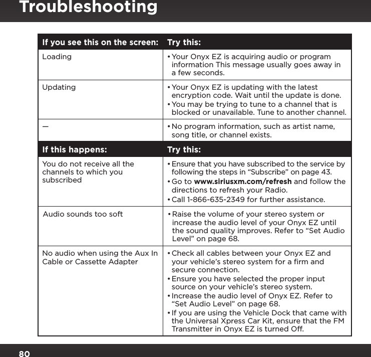 80If you see this on the screen:Try this:Loading  •Your Onyx EZ is acquiring audio or program information This message usually goes away in a few seconds. Updating •Your Onyx EZ is updating with the latest encryption code. Wait until the update is done. •You may be trying to tune to a channel that is blocked or unavailable. Tune to another channel.—•No program information, such as artist name, song title, or channel exists.If this happens: Try this:You do not receive all the  channels to which you subscribed•Ensure that you have subscribed to the service by following the steps in “Subscribe” on page 43.•Go to www.siriusxm.com/refresh and follow the directions to refresh your Radio.•Call 1-866-635-2349 for further assistance.Audio sounds too soft •Raise the volume of your stereo system or increase the audio level of your Onyx EZ until the sound quality improves. Refer to “Set Audio Level” on page 68.No audio when using the Aux In Cable or Cassette Adapter•Check all cables between your Onyx EZ and your vehicle’s stereo system for a ﬁrm and secure connection.•Ensure you have selected the proper input source on your vehicle’s stereo system.•Increase the audio level of Onyx EZ. Refer to “Set Audio Level” on page 68.•If you are using the Vehicle Dock that came with the Universal Xpress Car Kit, ensure that the FM Transmitter in Onyx EZ is turned Off.Troubleshooting