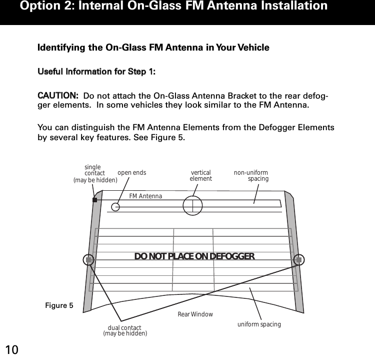 single contactdual contactopen ends verticalelement non-uniformspacinguniform spacingFM AntennaRear Window(may be hidden)(may be hidden)DO NOT PLACE ON DEFOGGERIdentifying the OnGlass FM Antenna in Your VehicleUUsseeffuull IInnffoorrmmaattiioonn ffoorr SStteepp 11:: CCAAUUTTIIOONN:: Do not attach the On-Glass Antenna Bracket to the rear defog-ger elements.  In some vehicles they look similar to the FM Antenna.  You can distinguish the FM Antenna Elements from the Defogger Elementsby several key features. See Figure 5.Option 2: Internal OnGlass FM Antenna Installation10Option 2 (continued)Figure 5