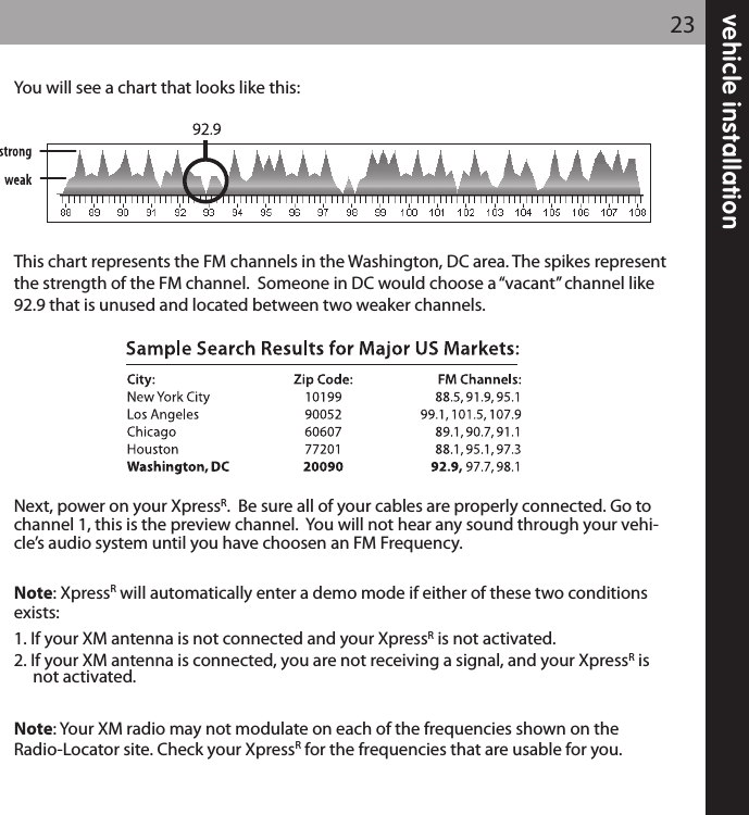 vehicle installation23You will see a chart that looks like this:This chart represents the FM channels in the Washington, DC area. The spikes representthe strength of the FM channel.  Someone in DC would choose a “vacant” channel like92.9 that is unused and located between two weaker channels.Next, power on your XpressR.  Be sure all of your cables are properly connected. Go tochannel 1, this is the preview channel.  You will not hear any sound through your vehi-cle’s audio system until you have choosen an FM Frequency.  Note: XpressRwill automatically enter a demo mode if either of these two conditionsexists:1. If your XM antenna is not connected and your XpressRis not activated.2. If your XM antenna is connected, you are not receiving a signal, and your XpressRis not activated.Note: Your XM radio may not modulate on each of the frequencies shown on theRadio-Locator site. Check your XpressRfor the frequencies that are usable for you. 