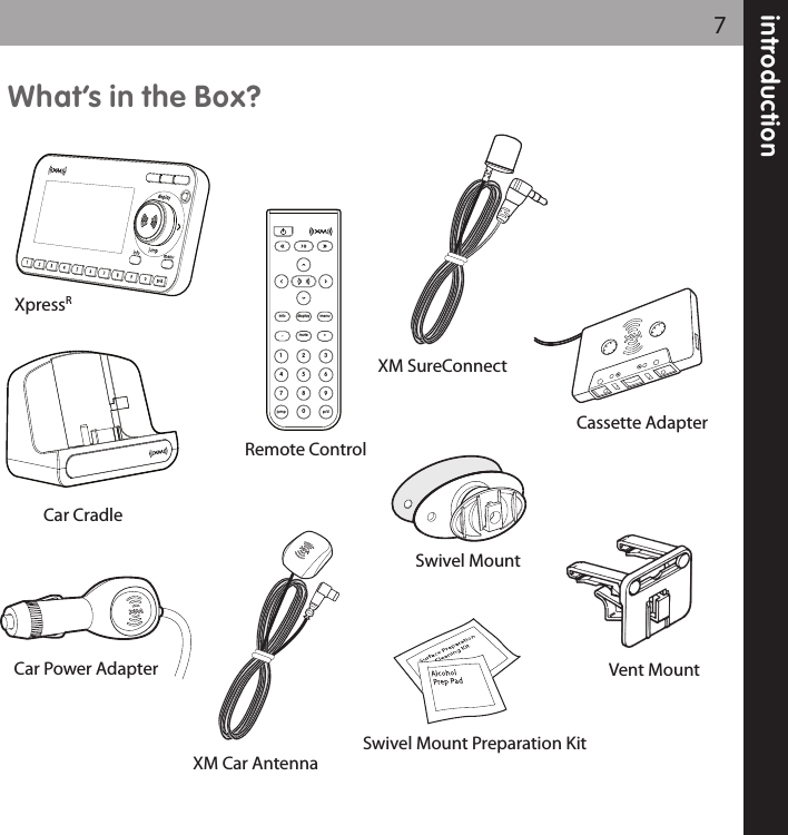 introduction7What’s in the Box?852741963muteinfo menudisplay0jump p/d+XpressRCar CradleCar Power AdapterRemote ControlXM Car AntennaXM SureConnectCassette AdapterSwivel MountVent MountSwivel Mount Preparation Kit