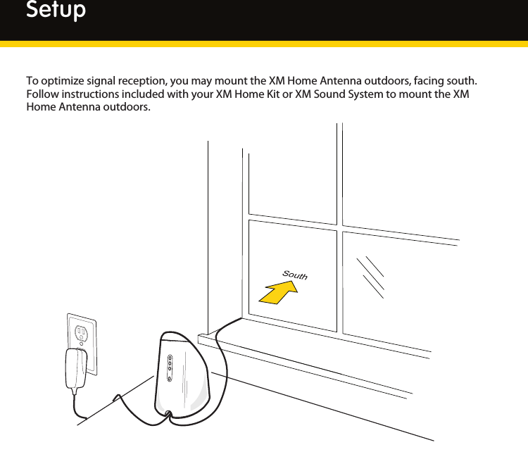 18SetupTooptimizesignalreception,youmaymounttheXMHomeAntennaoutdoors,facingsouth.FollowinstructionsincludedwithyourXMHomeKitorXMSoundSystemtomounttheXMHomeAntennaoutdoors.