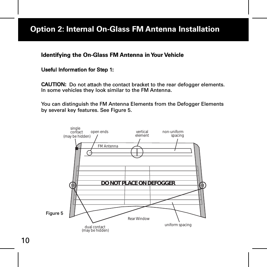 single contactdual contactopen ends verticalelement non-uniformspacinguniform spacingFM AntennaRear Window(may be hidden)(may be hidden)DO NOT PLACE ON DEFOGGERIdentifying the OnGlass FM Antenna in Your VehicleUUsseeffuull IInnffoorrmmaattiioonn ffoorr SStteepp 11:: CCAAUUTTIIOONN:: Do not attach the contact bracket to the rear defogger elements.In some vehicles they look similar to the FM Antenna.  You can distinguish the FM Antenna Elements from the Defogger Elementsby several key features. See Figure 5.Option 2: Internal OnGlass FM Antenna Installation10Option 2 (continued)Figure 5