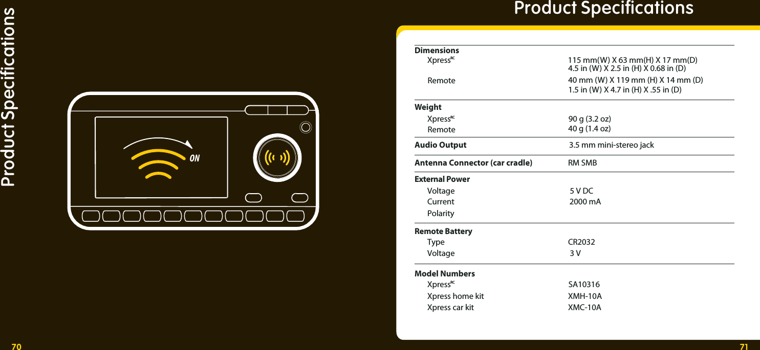 70 71Product Speciﬁ cationsProduct Speciﬁ cationsDimensionsWeightAudio OutputExternal Power  Voltage    5 V DC Voltage    3 V Polarity   Antenna Connector (car cradle)Remote BatteryModel NumbersRCRemoteRCRCRemote           4.5 in (W) X 2.5 in (H) X 0.68 in (D)           40 mm (W) X 119 mm (H) X 14 mm (D)           1.5 in (W) X 4.7 in (H) X .55 in (D)3.5 mm mini-stereo jackRM SMB Type     CR2032 Current    2000 mA Xpress home kit   XMH-10A Xpress car kit   XMC-10A     Xpress                         115 mm(W) X 63 mm(H) X 17 mm(D)           40 g (1.4 oz)  Xpress                       90 g (3.2 oz)  Xpress                       SA10316ON