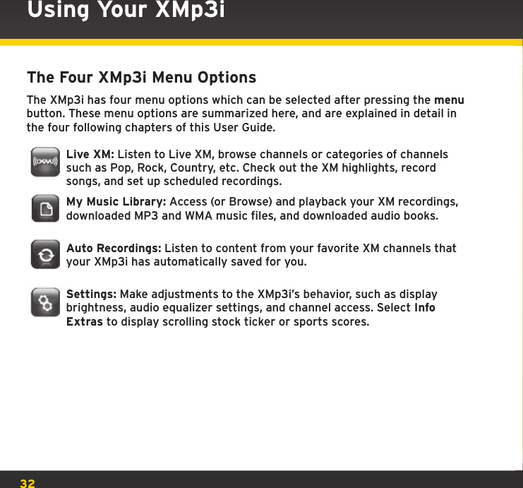 32Using Your XMp3iThe Four XMp3i Menu OptionsThe XMp3i has four menu options which can be selected after pressing the menu button. These menu options are summarized here, and are explained in detail in the four following chapters of this User Guide.Live XM: Listen to Live XM, browse channels or categories of channels such as Pop, Rock, Country, etc. Check out the XM highlights, record songs, and set up scheduled recordings.My Music Library: Access (or Browse) and playback your XM recordings, downloaded MP3 and WMA music files, and downloaded audio books. Auto Recordings: Listen to content from your favorite XM channels that your XMp3i has automatically saved for you. Settings: Make adjustments to the XMp3i’s behavior, such as display brightness, audio equalizer settings, and channel access. Select Info Extras to display scrolling stock ticker or sports scores.