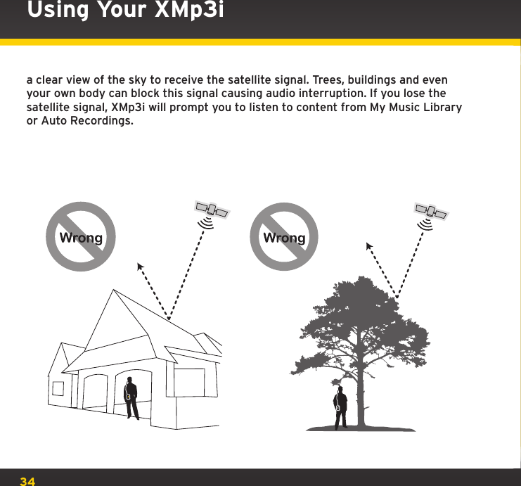 34a clear view of the sky to receive the satellite signal. Trees, buildings and even your own body can block this signal causing audio interruption. If you lose the satellite signal, XMp3i will prompt you to listen to content from My Music Library or Auto Recordings.Using Your XMp3i