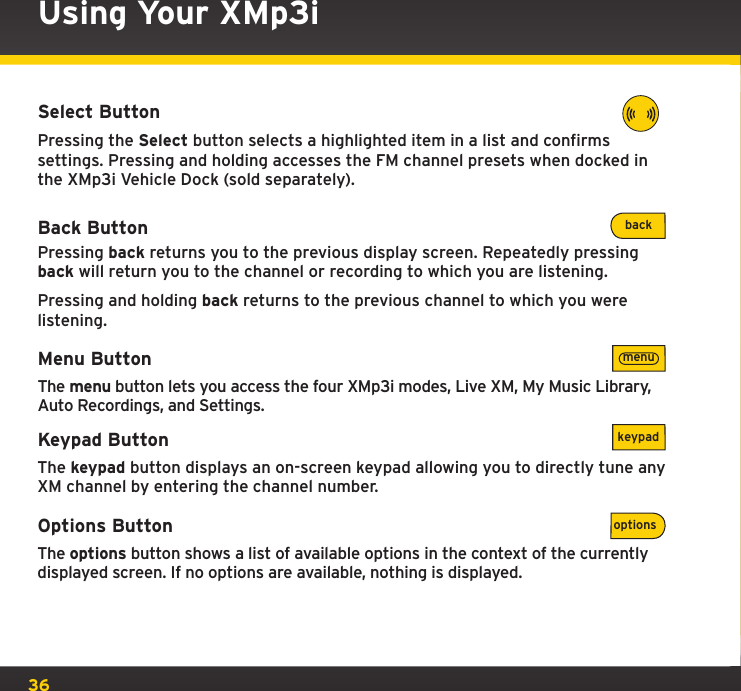 36Using Your XMp3iSelect ButtonPressing the Select button selects a highlighted item in a list and confirms settings. Pressing and holding accesses the FM channel presets when docked in the XMp3i Vehicle Dock (sold separately).Back ButtonPressing back returns you to the previous display screen. Repeatedly pressing back will return you to the channel or recording to which you are listening.Pressing and holding back returns to the previous channel to which you were listening.Menu ButtonThe menu button lets you access the four XMp3i modes, Live XM, My Music Library, Auto Recordings, and Settings.Keypad Button The keypad button displays an on-screen keypad allowing you to directly tune any XM channel by entering the channel number.Options Button The options button shows a list of available options in the context of the currently displayed screen. If no options are available, nothing is displayed.menubackkeypadoptions 