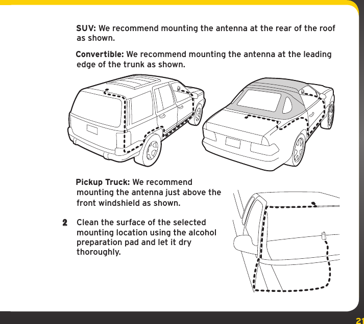 21   SUV: We recommend mounting the antenna at the rear of the roof as shown. Convertible: We recommend mounting the antenna at the leading edge of the trunk as shown. Pickup Truck: We recommendmounting the antenna just above the front windshield as shown.2  Clean the surface of the selected mounting location using the alcohol preparation pad and let it dry thoroughly.