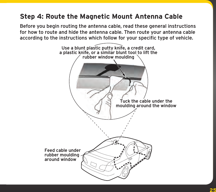 25Step 4: Route the Magnetic Mount Antenna CableBefore you begin routing the antenna cable, read these general instructions for how to route and hide the antenna cable. Then route your antenna cable according to the instructions which follow for your specific type of vehicle.Feed cable underrubber mouldingaround windowTuck the cable under themoulding around the windowUse a blunt plastic putty knife, a credit card,a plastic knife, or a similar blunt tool to lift therubber window moulding