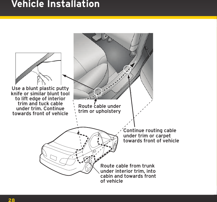 28Use a blunt plastic puttyknife or similar blunt toolto lift edge of interiortrim and tuck cableunder trim. Continuetowards front of vehicleRoute cable from trunkunder interior trim, intocabin and towards frontof vehicleRoute cable undertrim or upholsteryContinue routing cableunder trim or carpettowards front of vehicleVehicle Installation