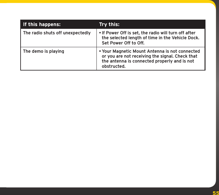 55TroubleshootingIf this happens: Try this:The radio shuts off unexpectedly •If Power Off is set, the radio will turn off after the selected length of time in the Vehicle Dock. Set Power Off to Off.  The demo is playing •Your Magnetic Mount Antenna is not connected or you are not receiving the signal. Check that the antenna is connected properly and is not obstructed. 