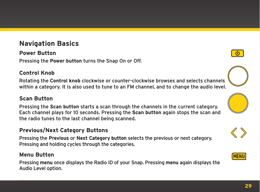 29Navigation BasicsPower ButtonPressing the Power button turns the Snap On or Off.Control KnobRotating the Control knob clockwise or counter-clockwise browses and selects channels within a category. It is also used to tune to an FM channel, and to change the audio level.Scan ButtonPressing the Scan button starts a scan through the channels in the current category. Each channel plays for 10 seconds. Pressing the Scan button again stops the scan and the radio tunes to the last channel being scanned.Previous/Next Category ButtonsPressing the Previous or Next Category button selects the previous or next category. Pressing and holding cycles through the categories.Menu ButtonPressing menu once displays the Radio ID of your Snap. Pressing menu again displays the Audio Level option.MENU