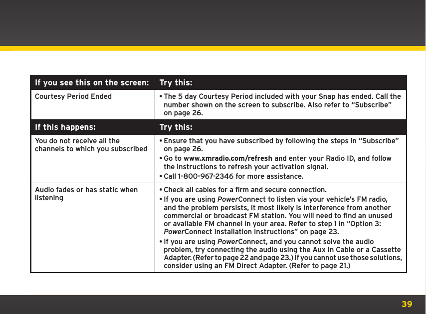 39If you see this on the screen: Try this:Courtesy Period Ended •The 5 day Courtesy Period included with your Snap has ended. Call the number shown on the screen to subscribe. Also refer to “Subscribe” on page 26.If this happens: Try this:You do not receive all the  channels to which you subscribed•Ensure that you have subscribed by following the steps in “Subscribe” on page 26. •Go to www.xmradio.com/refresh and enter your Radio ID, and follow the instructions to refresh your activation signal.•Call 1-800-967-2346 for more assistance.Audio fades or has static when listening•Check all cables for a firm and secure connection.•If you are using PowerConnect to listen via your vehicle’s FM radio, and the problem persists, it most likely is interference from another commercial or broadcast FM station. You will need to find an unused or available FM channel in your area. Refer to step 1 in “Option 3: PowerConnect Installation Instructions” on page 23.•If you are using PowerConnect, and you cannot solve the audio problem, try connecting the audio using the Aux In Cable or a Cassette Adapter. (Refer to page 22 and page 23.) If you cannot use those solutions, consider using an FM Direct Adapter. (Refer to page 21.)