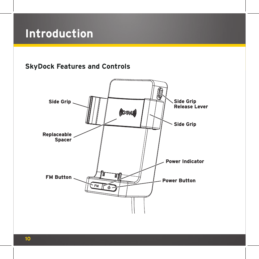 10SkyDock Features and ControlsIntroductionSide GripPower ButtonPower IndicatorSide GripReplaceableSpacerFM ButtonSide GripRelease Lever