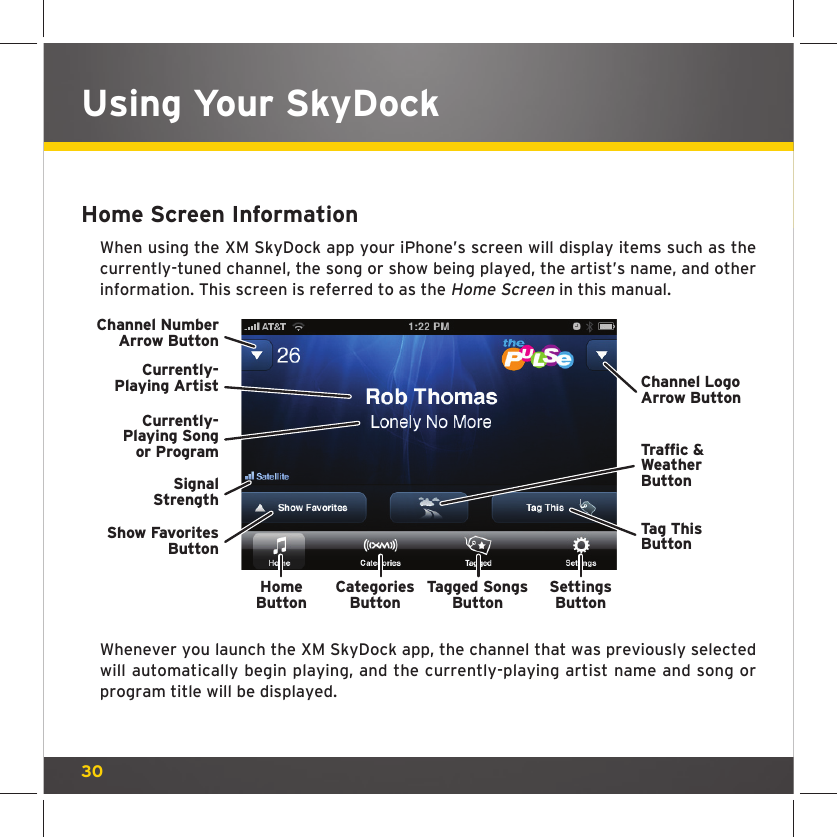 30Using Your SkyDockHome Screen InformationWhen using the XM SkyDock app your iPhone’s screen will display items such as the currently-tuned channel, the song or show being played, the artist’s name, and other information. This screen is referred to as the Home Screen in this manual. Whenever you launch the XM SkyDock app, the channel that was previously selected will automatically begin playing, and the currently-playing artist name and song or program title will be displayed. Channel NumberArrow ButtonChannel LogoArrow ButtonTag ThisButtonCurrently-Playing ArtistCurrently-Playing Songor ProgramSignalStrengthTagged SongsButtonTraffic &amp;WeatherButtonShow FavoritesButtonCategoriesButtonHomeButtonSettingsButton