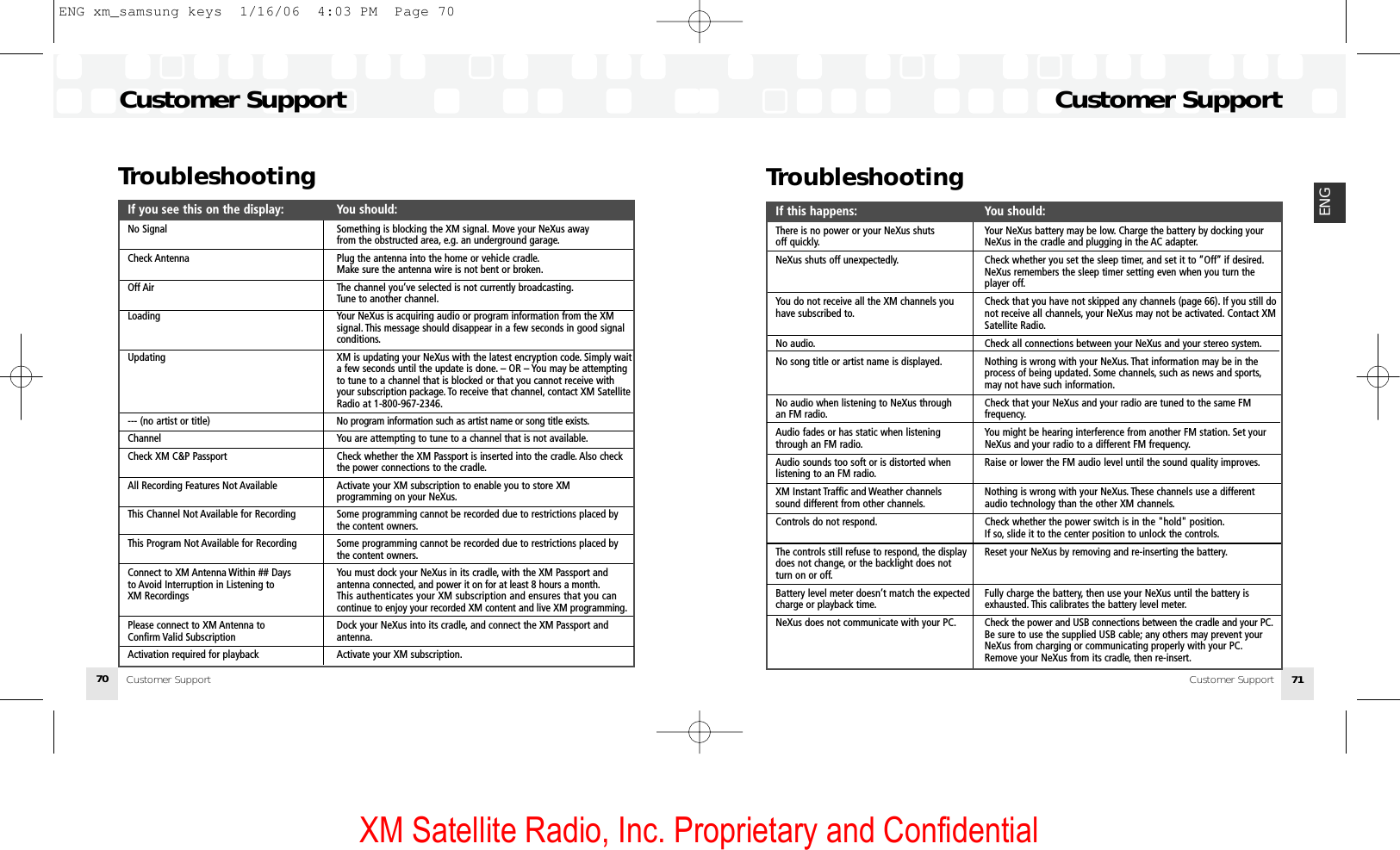 XM Satellite Radio, Inc. Proprietary and Confidential71ENGCustomer SupportCustomer SupportTroubleshootingCustomer SupportCustomer Support70If you see this on the display: You should:No Signal  Something is blocking the XM signal. Move your NeXus away  from the obstructed area, e.g. an underground garage.Check Antenna Plug the antenna into the home or vehicle cradle.Make sure the antenna wire is not bent or broken.Off Air The channel you’ve selected is not currently broadcasting.Tune to another channel.Loading Your NeXus is acquiring audio or program information from the XM signal. This message should disappear in a few seconds in good signal conditions.Updating XM is updating your NeXus with the latest encryption code. Simply waita few seconds until the update is done. – OR – You may be attempting to tune to a channel that is blocked or that you cannot receive with your subscription package. To receive that channel, contact XM SatelliteRadio at 1-800-967-2346.--- (no artist or title) No program information such as artist name or song title exists.Channel You are attempting to tune to a channel that is not available.Check XM C&amp;P Passport Check whether the XM Passport is inserted into the cradle. Also check the power connections to the cradle.All Recording Features Not Available Activate your XM subscription to enable you to store XM programming on your NeXus.This Channel Not Available for Recording Some programming cannot be recorded due to restrictions placed by the content owners.This Program Not Available for Recording Some programming cannot be recorded due to restrictions placed by the content owners.Connect to XM Antenna Within ## Days  You must dock your NeXus in its cradle, with the XM Passport andto Avoid Interruption in Listening to antenna connected, and power it on for at least 8 hours a month.XM Recordings This authenticates your XM subscription and ensures that you cancontinue to enjoy your recorded XM content and live XM programming.Please connect to XM Antenna to  Dock your NeXus into its cradle, and connect the XM Passport and Confirm Valid Subscription antenna.Activation required for playback Activate your XM subscription.TroubleshootingIf this happens: You should:There is no power or your NeXus shuts  Your NeXus battery may be low. Charge the battery by docking youroff quickly. NeXus in the cradle and plugging in the AC adapter.NeXus shuts off unexpectedly. Check whether you set the sleep timer, and set it to “Off” if desired.NeXus remembers the sleep timer setting even when you turn the player off.You do not receive all the XM channels you  Check that you have not skipped any channels (page 66). If you still do have subscribed to. not receive all channels, your NeXus may not be activated. Contact XM Satellite Radio.No audio. Check all connections between your NeXus and your stereo system.No song title or artist name is displayed. Nothing is wrong with your NeXus. That information may be in the process of being updated. Some channels, such as news and sports,may not have such information.No audio when listening to NeXus through  Check that your NeXus and your radio are tuned to the same FMan FM radio. frequency.Audio fades or has static when listening  You might be hearing interference from another FM station. Set yourthrough an FM radio. NeXus and your radio to a different FM frequency.Audio sounds too soft or is distorted when  Raise or lower the FM audio level until the sound quality improves.listening to an FM radio.XM Instant Traffic and Weather channels  Nothing is wrong with your NeXus. These channels use a differentsound different from other channels. audio technology than the other XM channels.Controls do not respond. Check whether the power switch is in the &quot;hold&quot; position.If so, slide it to the center position to unlock the controls.The controls still refuse to respond, the display Reset your NeXus by removing and re-inserting the battery.does not change, or the backlight does not turn on or off.Battery level meter doesn’t match the expected  Fully charge the battery, then use your NeXus until the battery ischarge or playback time. exhausted. This calibrates the battery level meter.NeXus does not communicate with your PC. Check the power and USB connections between the cradle and your PC.Be sure to use the supplied USB cable; any others may prevent your NeXus from charging or communicating properly with your PC.Remove your NeXus from its cradle, then re-insert.ENG xm_samsung keys  1/16/06  4:03 PM  Page 70