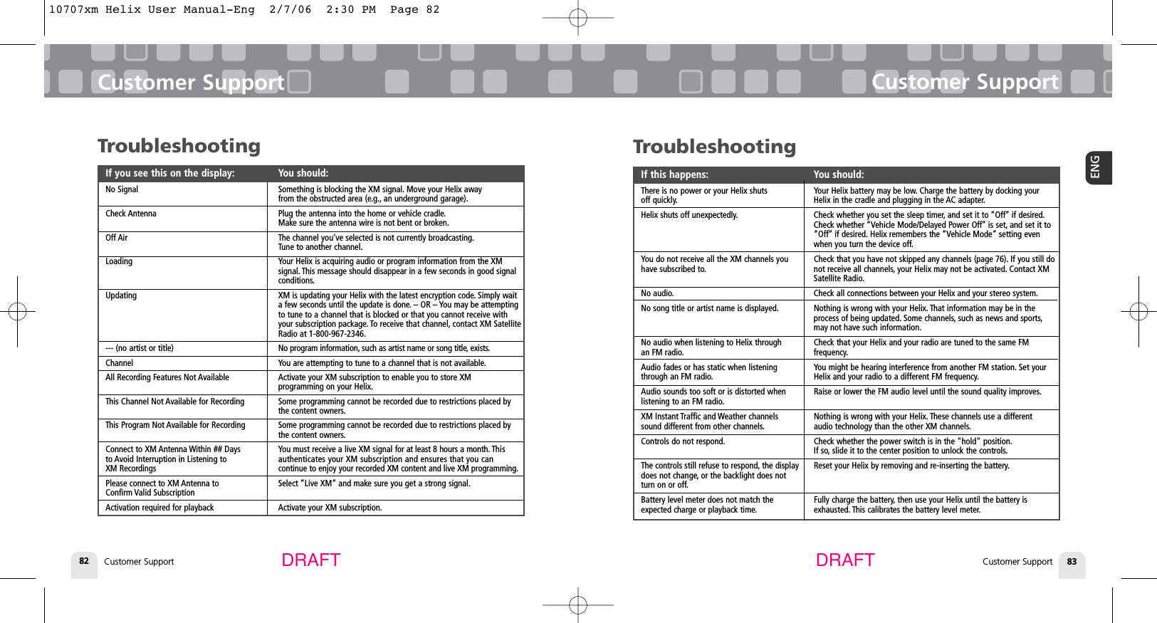 TroubleshootingIf this happens: You should:There is no power or your Helix shuts  Your Helix battery may be low. Charge the battery by docking youroff quickly. Helix in the cradle and plugging in the AC adapter.Helix shuts off unexpectedly. Check whether you set the sleep timer, and set it to “Off” if desired.Check whether “Vehicle Mode/Delayed Power Off” is set, and set it to “Off” if desired. Helix remembers the “Vehicle Mode” setting even when you turn the device off.You do not receive all the XM channels you  Check that you have not skipped any channels (page 76). If you still do have subscribed to. not receive all channels, your Helix may not be activated. Contact XM Satellite Radio.No audio. Check all connections between your Helix and your stereo system.No song title or artist name is displayed. Nothing is wrong with your Helix. That information may be in the process of being updated. Some channels, such as news and sports,may not have such information.No audio when listening to Helix through  Check that your Helix and your radio are tuned to the same FMan FM radio. frequency.Audio fades or has static when listening  You might be hearing interference from another FM station. Set yourthrough an FM radio. Helix and your radio to a different FM frequency.Audio sounds too soft or is distorted when  Raise or lower the FM audio level until the sound quality improves.listening to an FM radio.XM Instant Traffic and Weather channels  Nothing is wrong with your Helix. These channels use a differentsound different from other channels. audio technology than the other XM channels.Controls do not respond. Check whether the power switch is in the &quot;hold&quot; position.If so, slide it to the center position to unlock the controls.The controls still refuse to respond, the display Reset your Helix by removing and re-inserting the battery.does not change, or the backlight does not turn on or off.Battery level meter does not match the  Fully charge the battery, then use your Helix until the battery isexpected charge or playback time. exhausted. This calibrates the battery level meter.Customer SupportCustomer Support 83ENGCustomer Support82Customer SupportDRAFT DRAFTTroubleshootingIf you see this on the display: You should:No Signal  Something is blocking the XM signal. Move your Helix away  from the obstructed area (e.g., an underground garage).Check Antenna Plug the antenna into the home or vehicle cradle.Make sure the antenna wire is not bent or broken.Off Air The channel you’ve selected is not currently broadcasting.Tune to another channel.Loading Your Helix is acquiring audio or program information from the XM signal. This message should disappear in a few seconds in good signal conditions.Updating XM is updating your Helix with the latest encryption code. Simply wait a few seconds until the update is done. – OR – You may be attempting to tune to a channel that is blocked or that you cannot receive with your subscription package. To receive that channel, contact XM SatelliteRadio at 1-800-967-2346.--- (no artist or title) No program information, such as artist name or song title, exists.Channel You are attempting to tune to a channel that is not available.All Recording Features Not Available Activate your XM subscription to enable you to store XM programming on your Helix.This Channel Not Available for Recording Some programming cannot be recorded due to restrictions placed by the content owners.This Program Not Available for Recording Some programming cannot be recorded due to restrictions placed by the content owners.Connect to XM Antenna Within ## Days  You must receive a live XM signal for at least 8 hours a month. This to Avoid Interruption in Listening to  authenticates your XM subscription and ensures that you canXM Recordings continue to enjoy your recorded XM content and live XM programming.Please connect to XM Antenna to  Select “Live XM” and make sure you get a strong signal.Confirm Valid SubscriptionActivation required for playback Activate your XM subscription.10707xm Helix User Manual-Eng  2/7/06  2:30 PM  Page 82