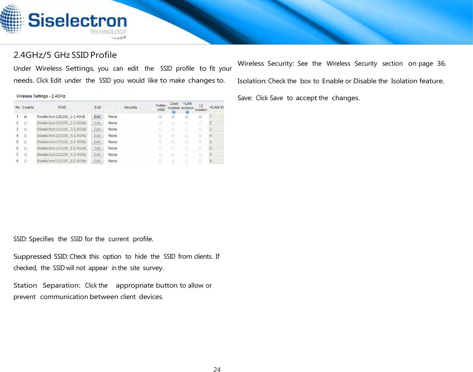  2.4GHz/5 GHz SSID Profile  Under Wireless Settings,  you  can  edit   the  SSID profile  to fit  your needs. Click Edit  under  the  SSID you  would  like to make changes to.      SSID: Specifies  the SSID for the  current  profile.  Suppressed SSID: Check this  option  to  hide  the  SSID from clients.  If checked,  the SSID will not  appear  in the  site survey.    Wireless  Security: See  the   Wireless  Security   section  on page 36.  Isolation: Check the  box to Enable or Disable the Isolation feature.  Save:  Click Save  to accept the changes.Station  Separation: Click theappropriate button to allow or prevent  communication between client devices. 24