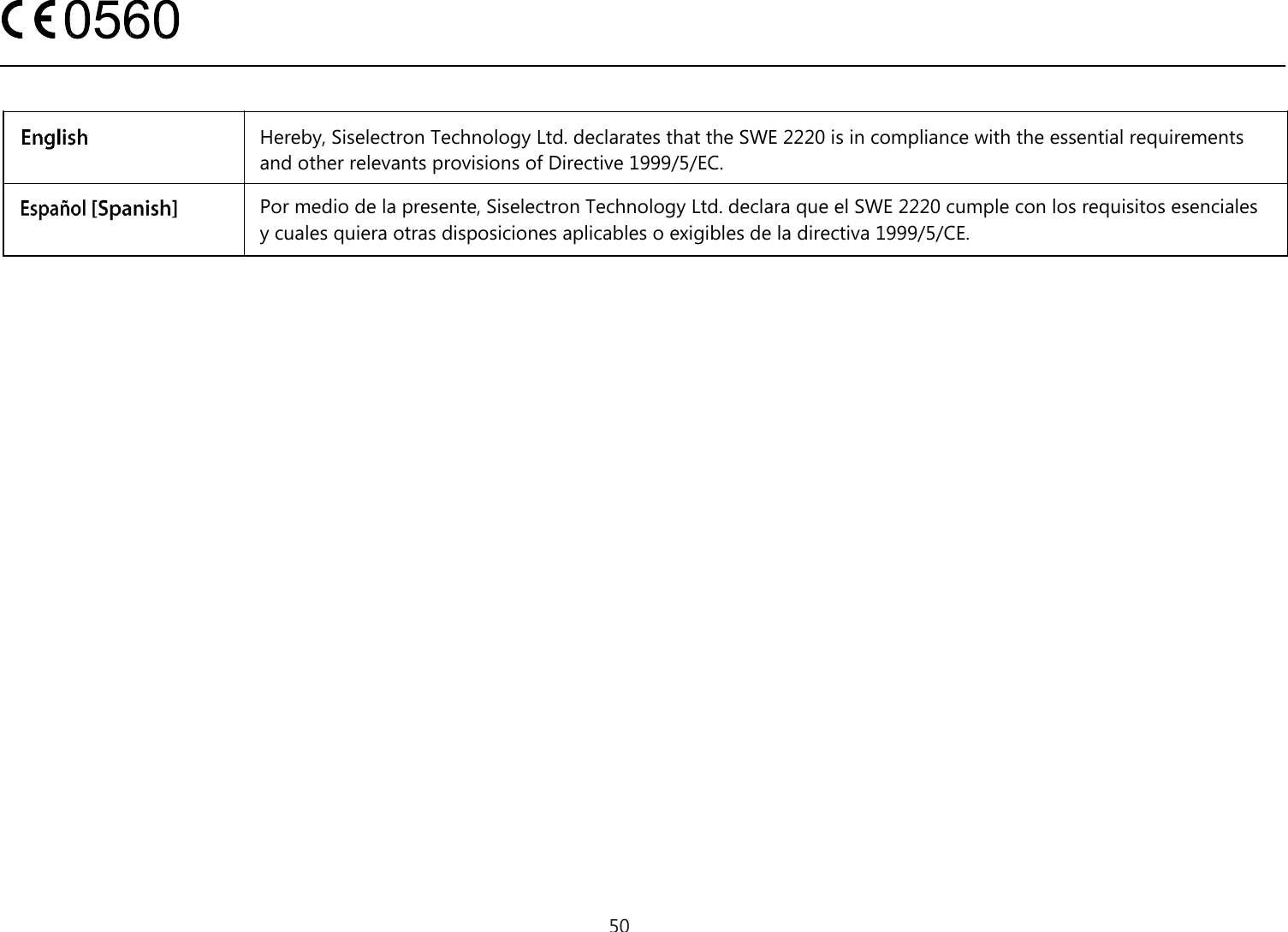                 50Hereby, Siselectron Technology Ltd. declarates that the SWE 2220 is in compliance with the essential requirementsand other relevants provisions of Directive 1999/5/EC.Por medio de la presente, Siselectron Technology Ltd. declara que el SWE 2220 cumple con los requisitos esencialesy cuales quiera otras disposiciones aplicables o exigibles de la directiva 1999/5/CE.