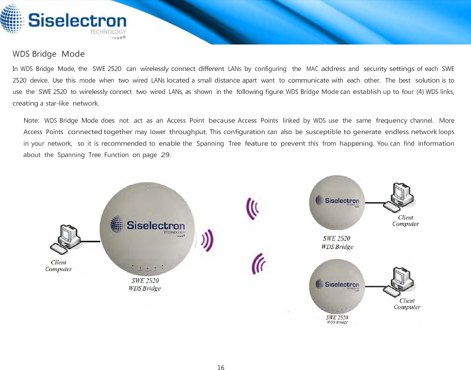   WDS Bridge  Mode  In WDS Bridge  Mode, the   SWE 2520   can wirelessly connect different LANs by  configuring  the  MAC address and security settings of each  SWE 2520  device.  Use this  mode  when  two  wired LANs located a small distance apart  want  to communicate with  each  other.  The  best  solution is to use  the  SWE 2520  to wirelessly connect  two  wired LANs, as  shown  in the following figure. WDS Bridge Mode can establish up to four (4) WDS links, creating a star-like network.  Note:  WDS Bridge  Mode does  not  act  as  an  Access  Point because Access  Points  linked  by WDS use  the  same frequency channel.   More Access  Points  connected together may lower throughput. This configuration can  also  be susceptible to generate  endless network loops in your  network,  so  it  is recommended to enable the  Spanning  Tree feature to prevent this  from happening. You can  find information about  the  Spanning  Tree  Function  on page 29.  16