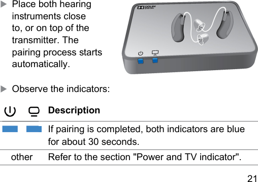 21 XPlace both hearing inruments close to, or on top of the transmitter. The pairing process arts automatically.XObserve the indicators:DescriptionIf pairing is completed, both indicators are blue for about 30 seconds.other Refer to the section &quot;Power and TV indicator&quot;.