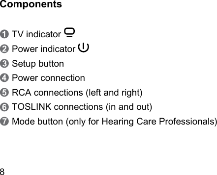 8 Components➊ TV indicator ➋ Power indicator ➌ Setup button➍ Power connection➎ RCA connections (left and right)➏ TOSLINK connections (in and out)➐ Mode button (only for Hearing Care Professionals)
