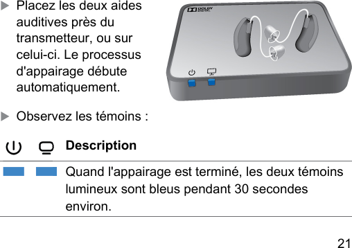 21 XPlacez les deux aides auditives près du transmetteur, ou sur celui-ci. Le processus d&apos;appairage débute automatiquement.XObservez les témoins :DescriptionQuand l&apos;appairage e terminé, les deux témoins lumineux sont bleus pendant 30 secondes environ.