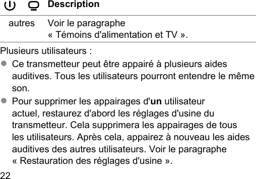 22  Descriptionautres Voir le paragraphe « Témoins d&apos;alimentation et TV ».Plusieurs utilisateurs :● Ce transmetteur peut être appairé à plusieurs aides auditives. Tous les utilisateurs pourront entendre le même son.● Pour supprimer les appairages d&apos;un utilisateur actuel, reaurez d&apos;abord les réglages d&apos;usine du transmetteur. Cela supprimera les appairages de tous les utilisateurs. Après cela, appairez à nouveau les aides auditives des autres utilisateurs. Voir le paragraphe « Reauration des réglages d&apos;usine ».